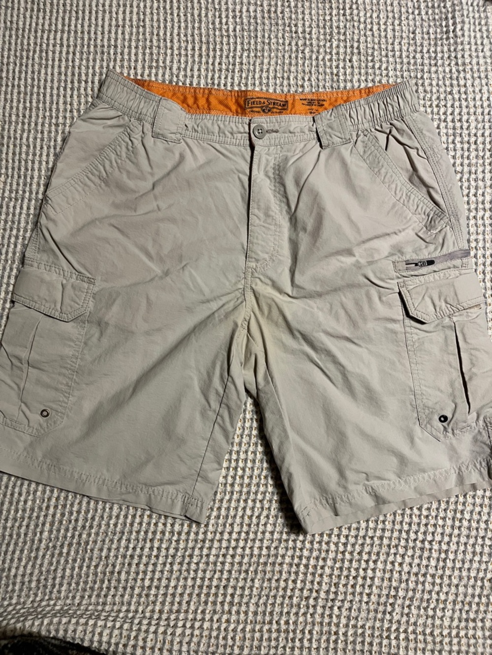 Field & Stream Light Tan Cargo Shorts with Orange Waistband Accent